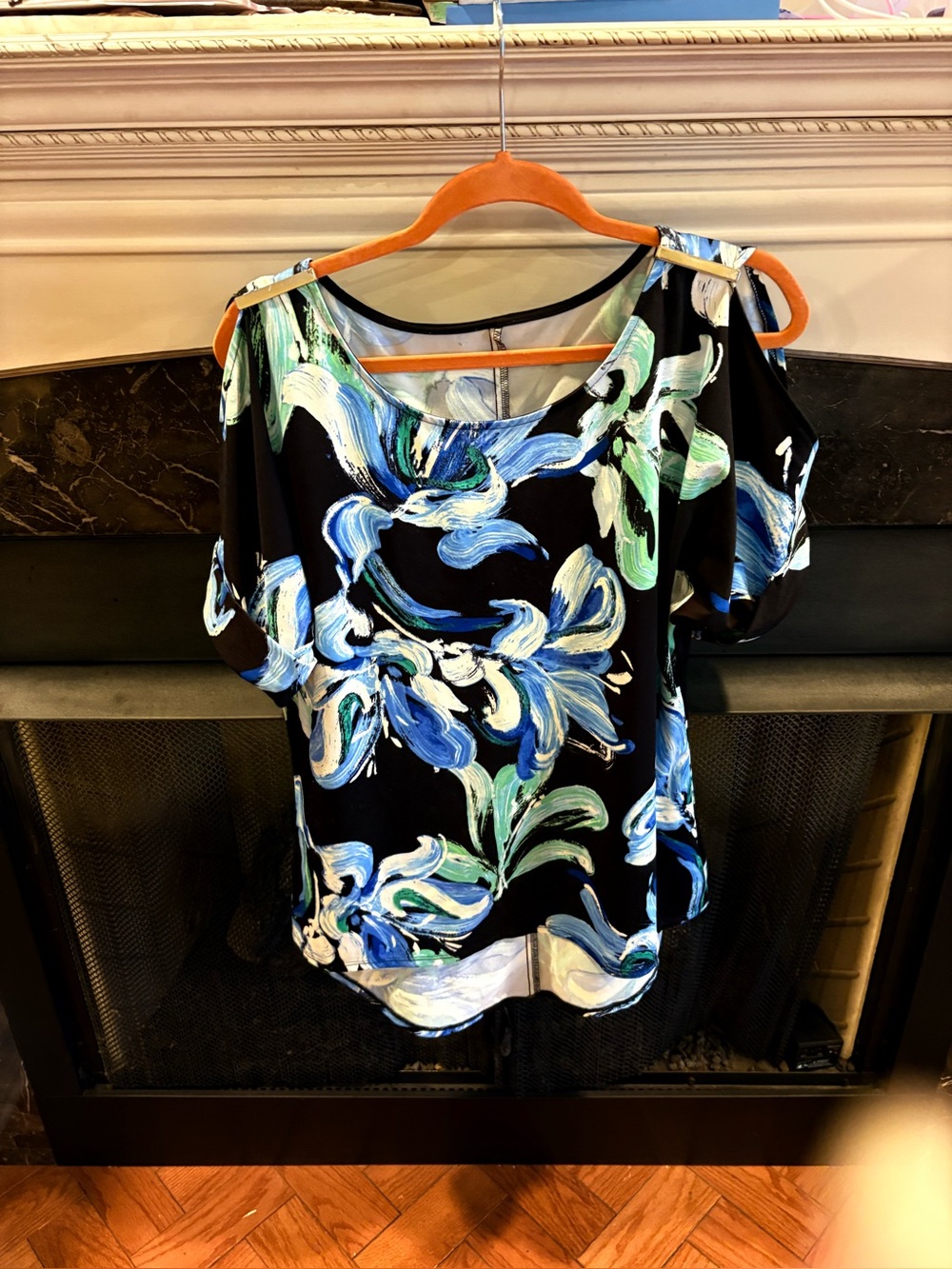 Women's Black Floral Cold-Shoulder Blouse in Blue & Green